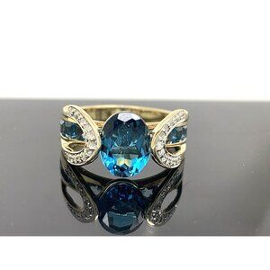 Blue Gemstone Diamond Cocktail Ring 10k Yellow Gold Estate Jewelry Womens Size 6